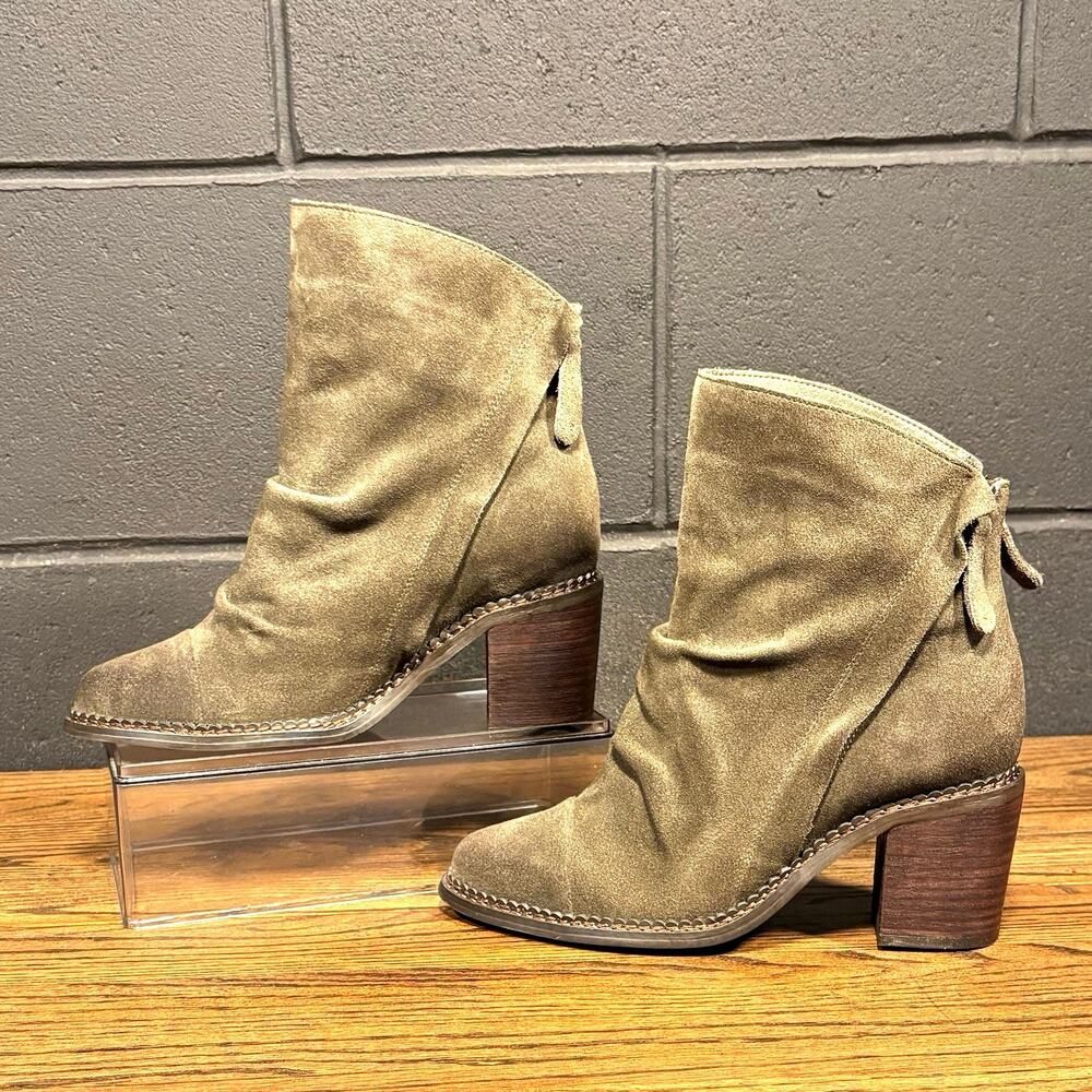 Sbicca Olive Green Suede Ankle Boots 8.5 Chunky Heel Slouchy Boho